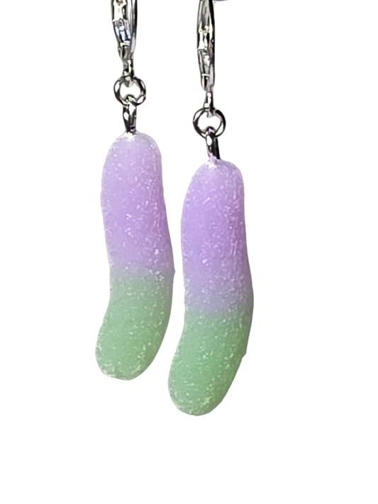 Purple & Green Gummy Worm on Stainless Steel Earring